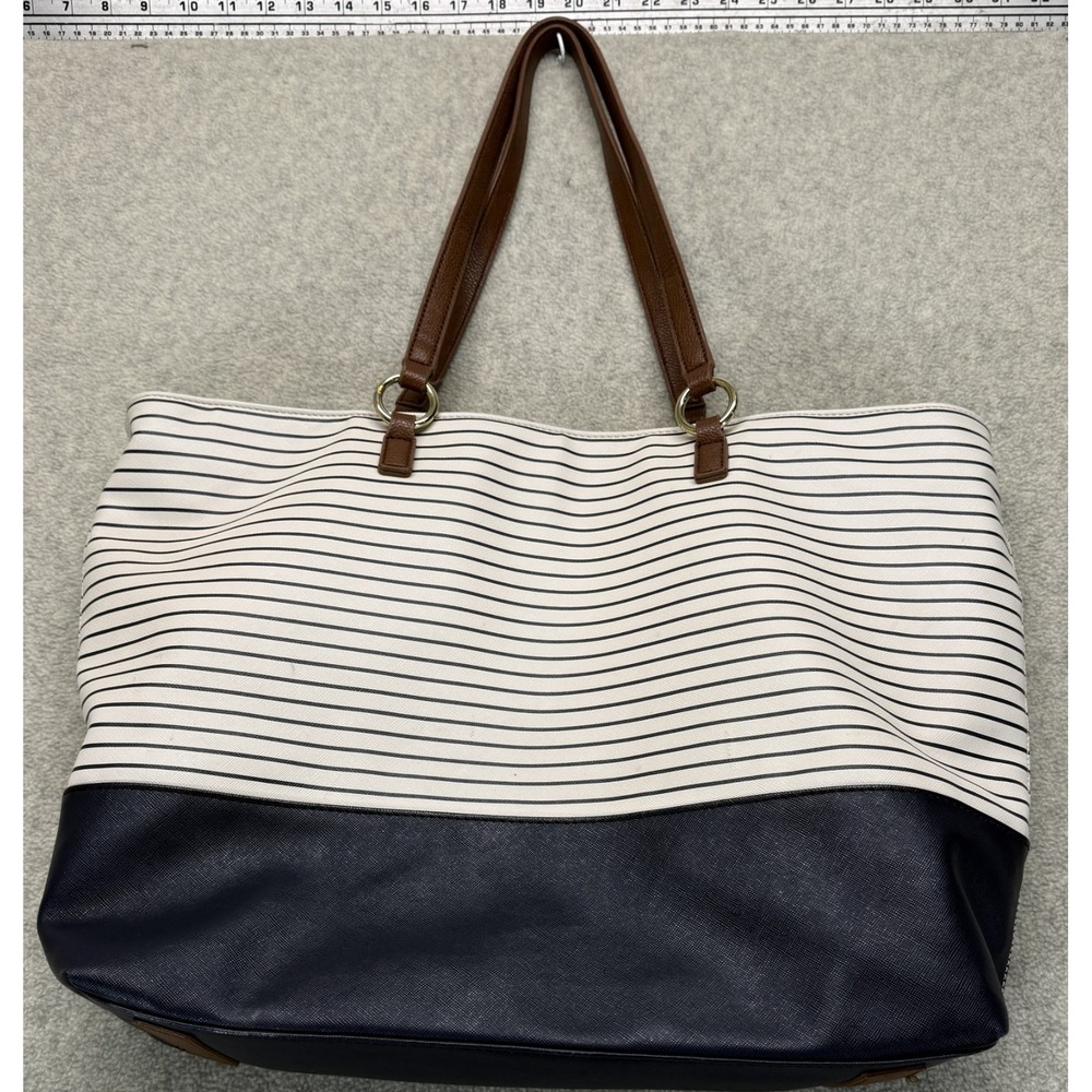 Banana Republic Womens Canvas Tote Bag White Black Shoulder Straps Striped OS
